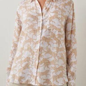 Rails White LinenButton-Down Blouse with Gold Leopard Print